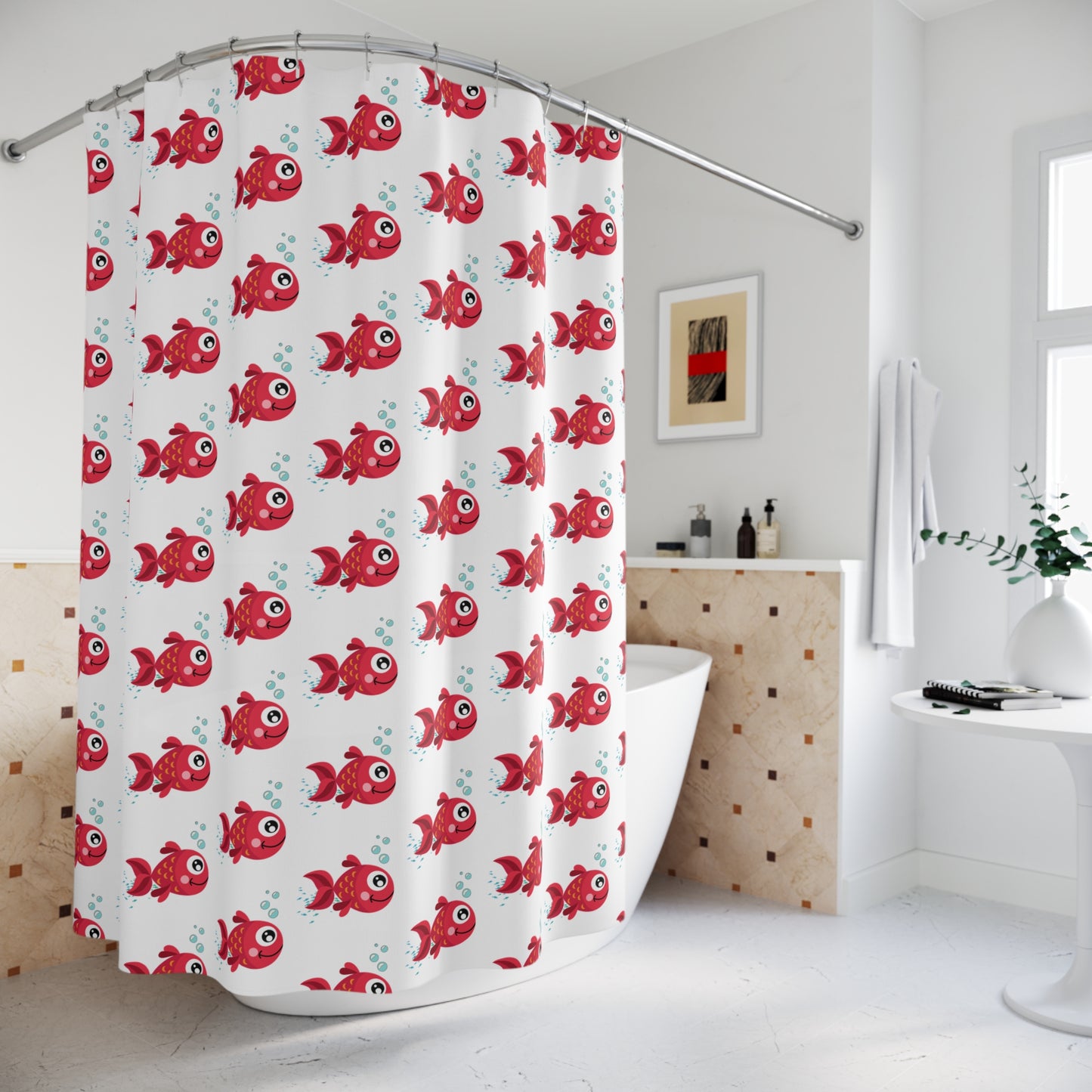 Cute Red Fish Shower Curtain — Playful Cartoon Aquarium Bathroom Decor