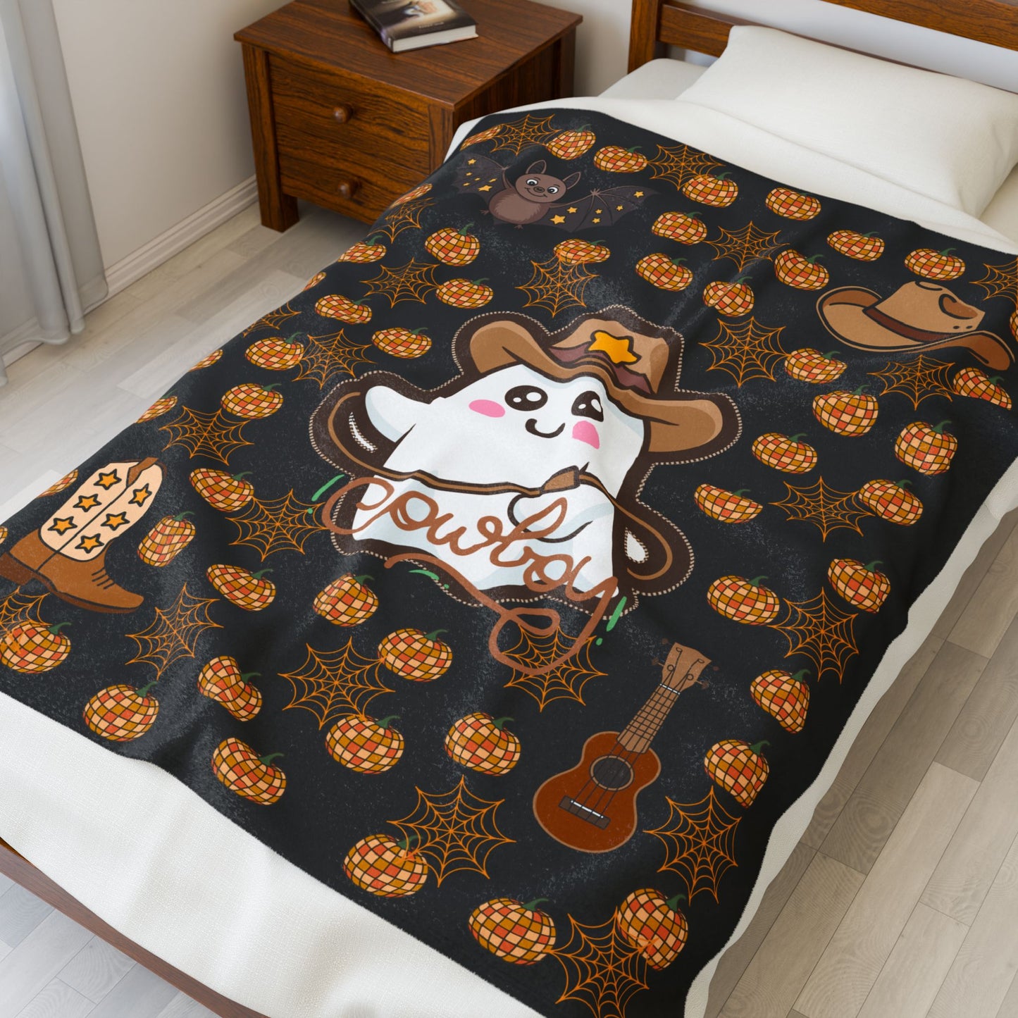 Cowboy Ghost Plush Blanket, Cozy Throw, Halloween Decor, Gift for Kids, Cute Home Accessory, Soft Blanket for Fall