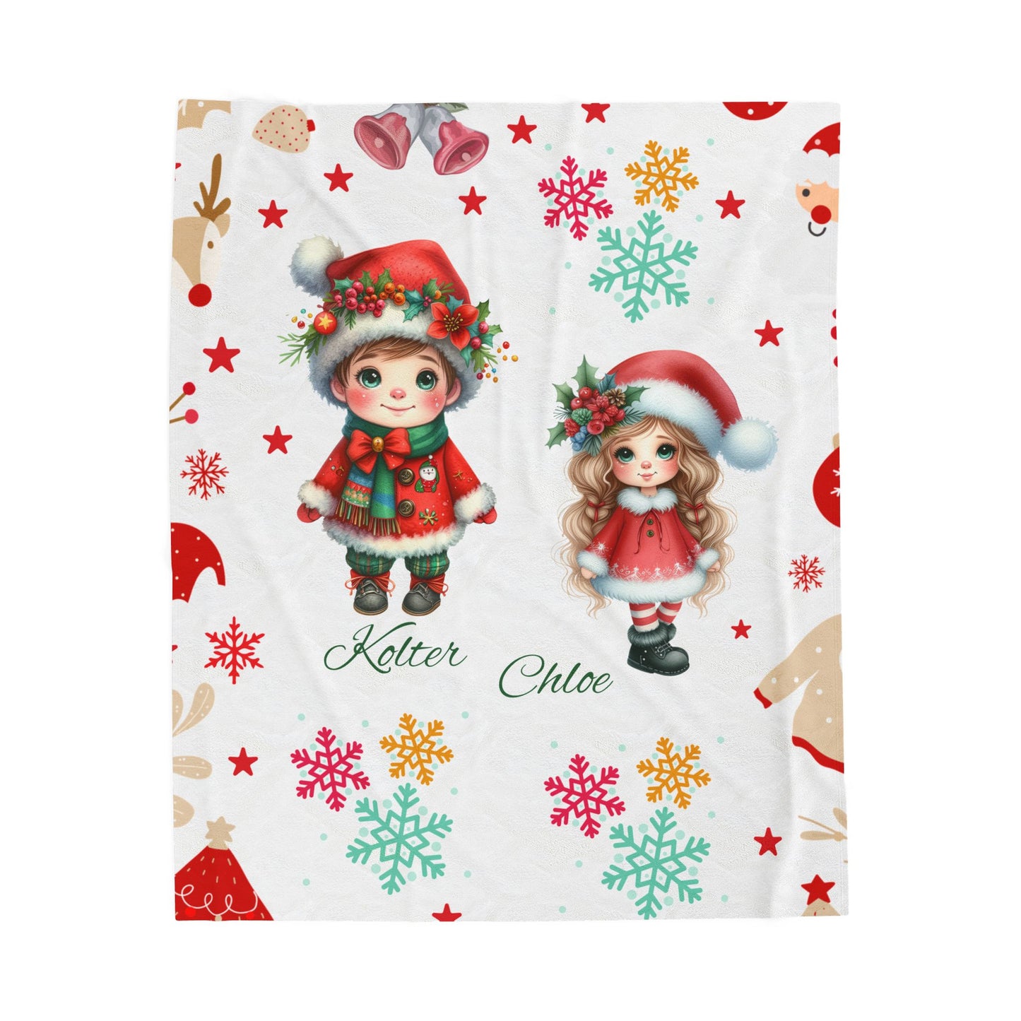 Personalized Christmas Velveteen Plush Blanket with Cute Holiday Dolls