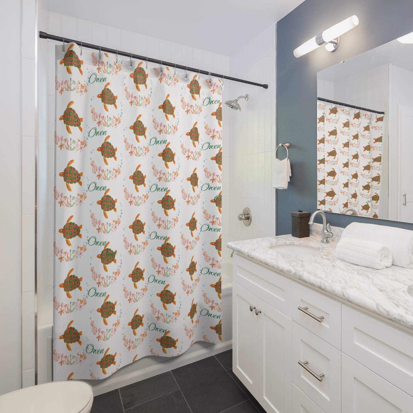 Sea Turtle Shower Curtain — Floral Ocean Pattern with "Owen" Name