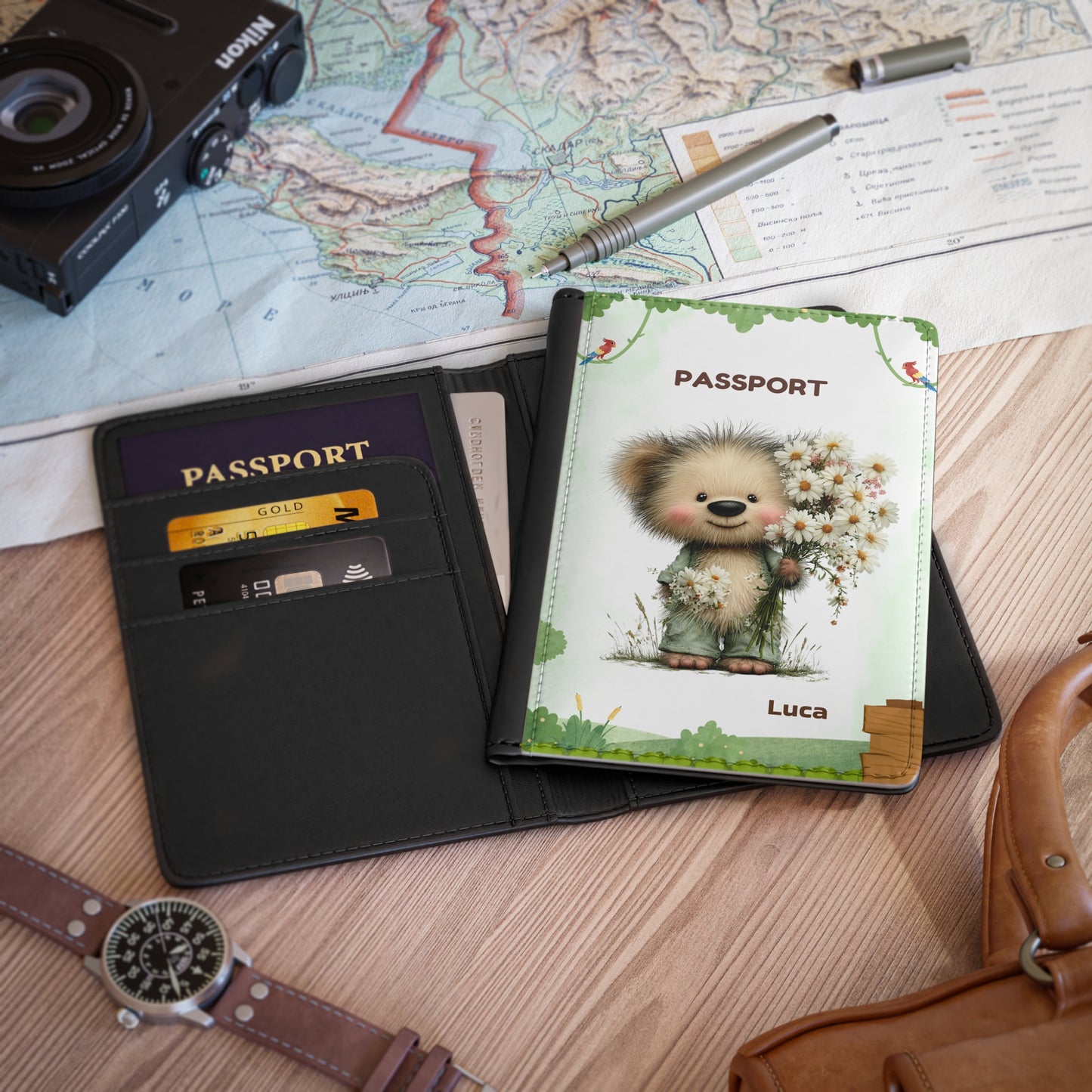 Cute Bear Bouquet Passport Cover — Personalized Kids Travel Passport Holder (Name Option)