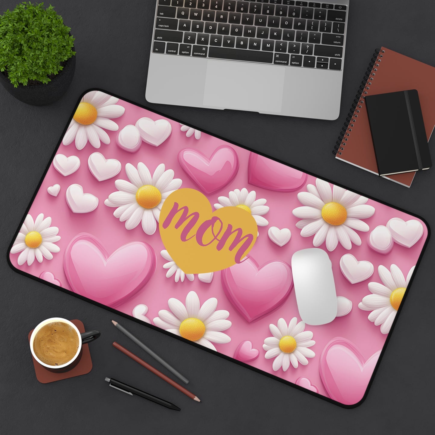 Mom Heart & Daisies Desk Mat — Pink Floral Mother’s Day Mousepad