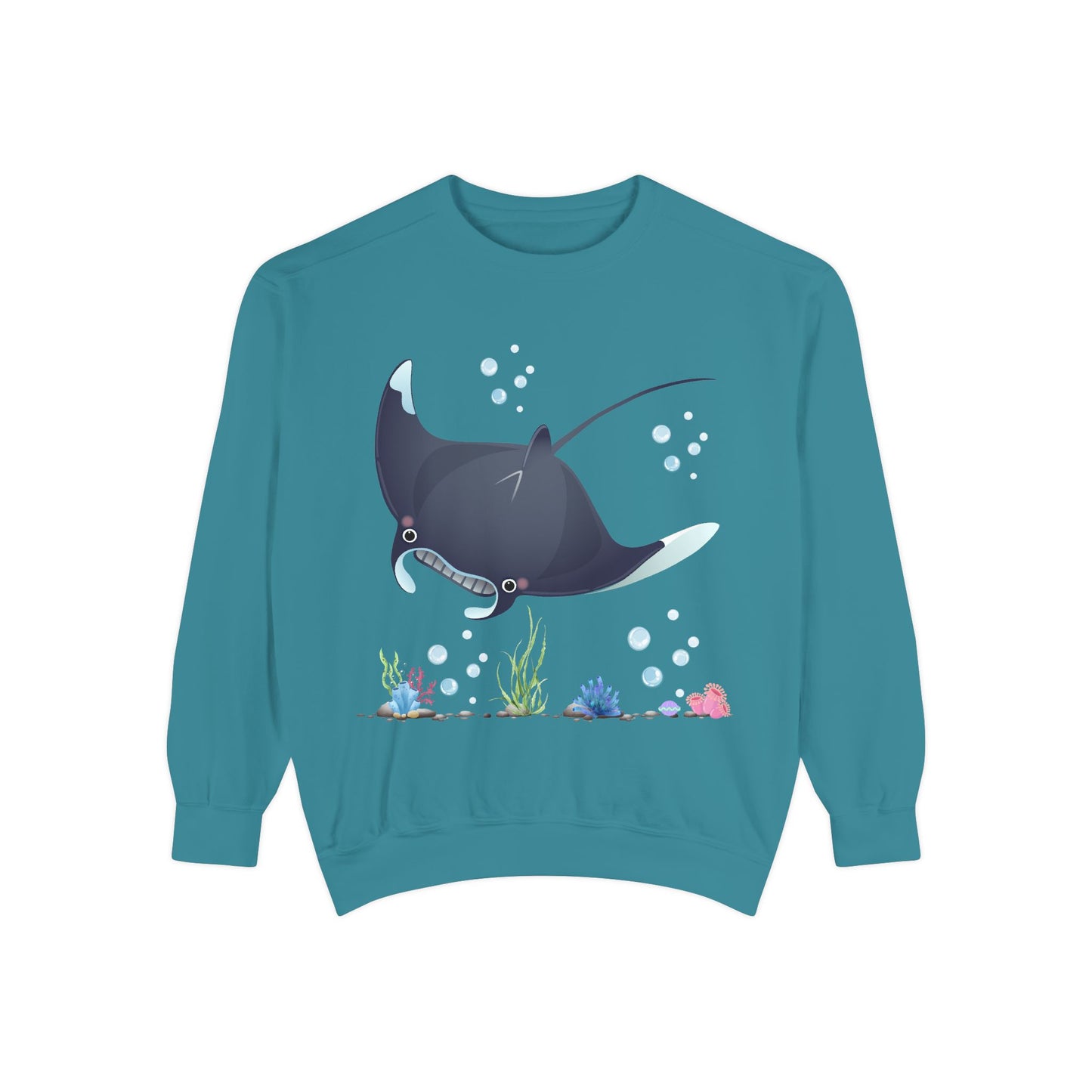 Manta ray with bubbles and coral reef Unisex Garment-Dyed Sweatshirt
