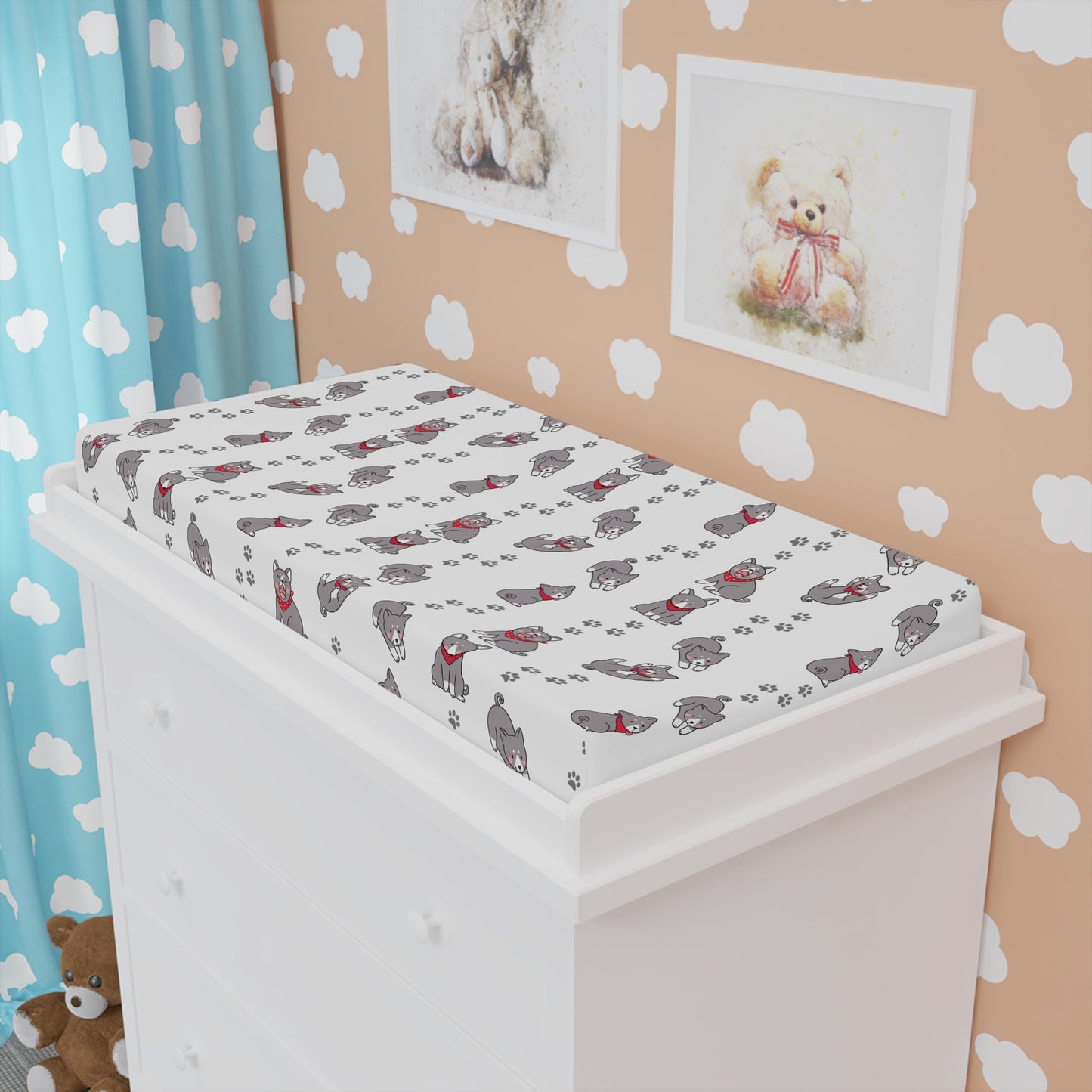 Changing Pad Cover — Cute Grey Puppy Pattern with Red Bandana