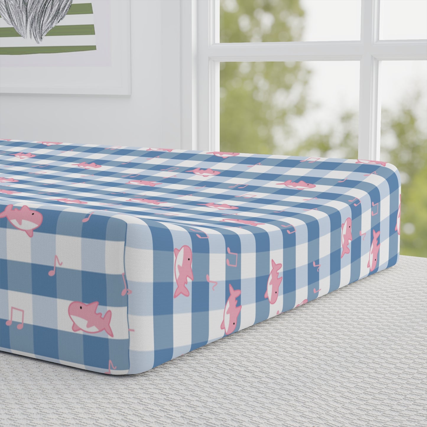 Personalized Shark Baby Changing Pad Cover — Blue Gingham with Name