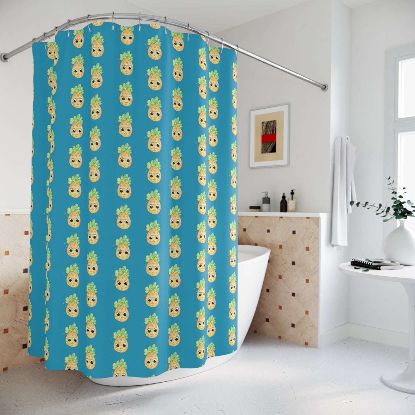 Pineapple Pattern Shower Curtain — Tropical Teal Bath Decor