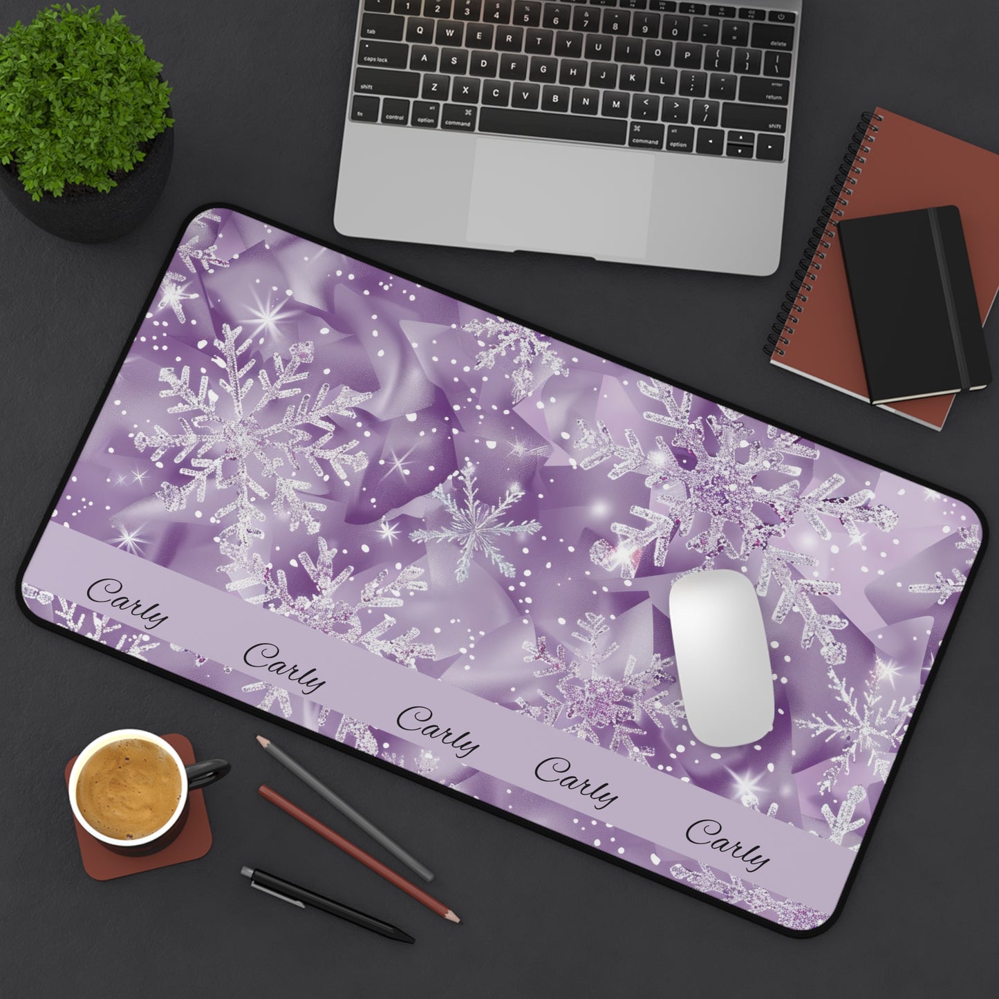Personalized Snowflake Desk Mat, Custom Mouse Pad, Winter Office Decor, Holiday Gift, Purple Snowflakes