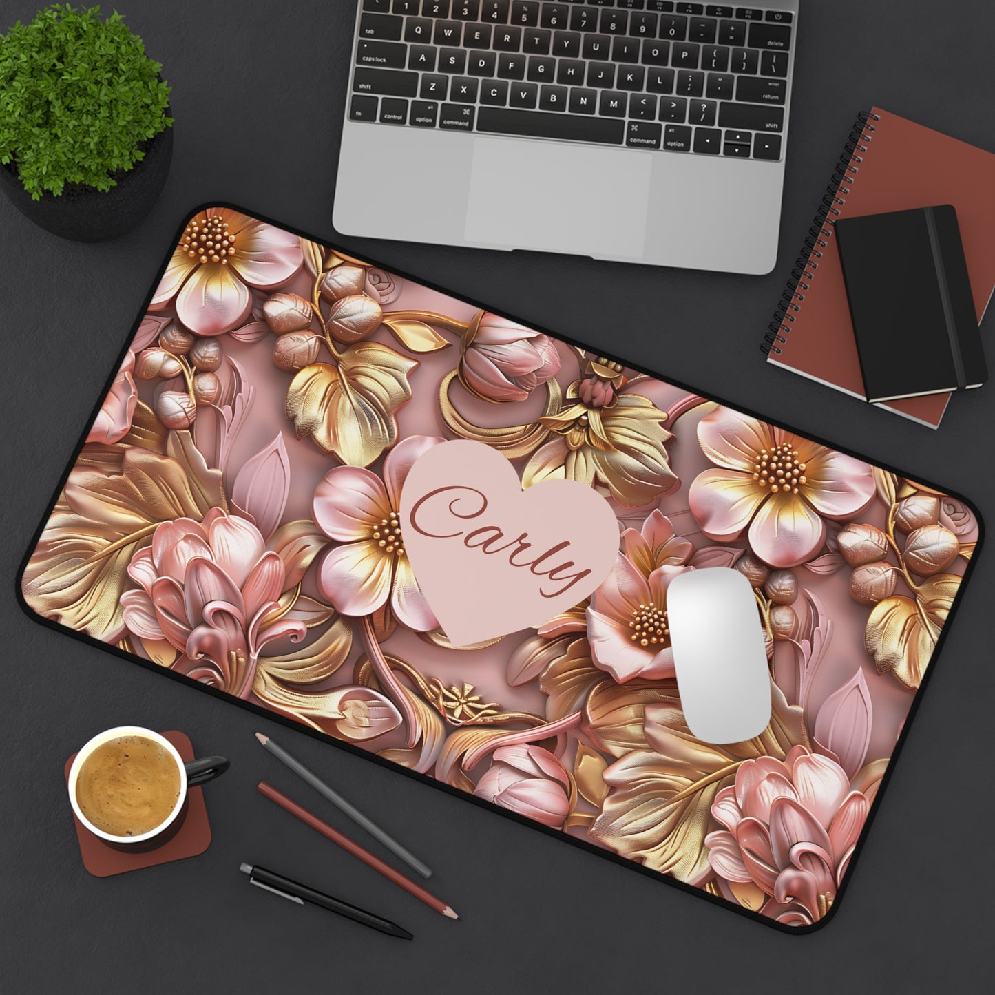 Personalized Floral Desk Mat — Rose Gold Heart Name Desk Pad