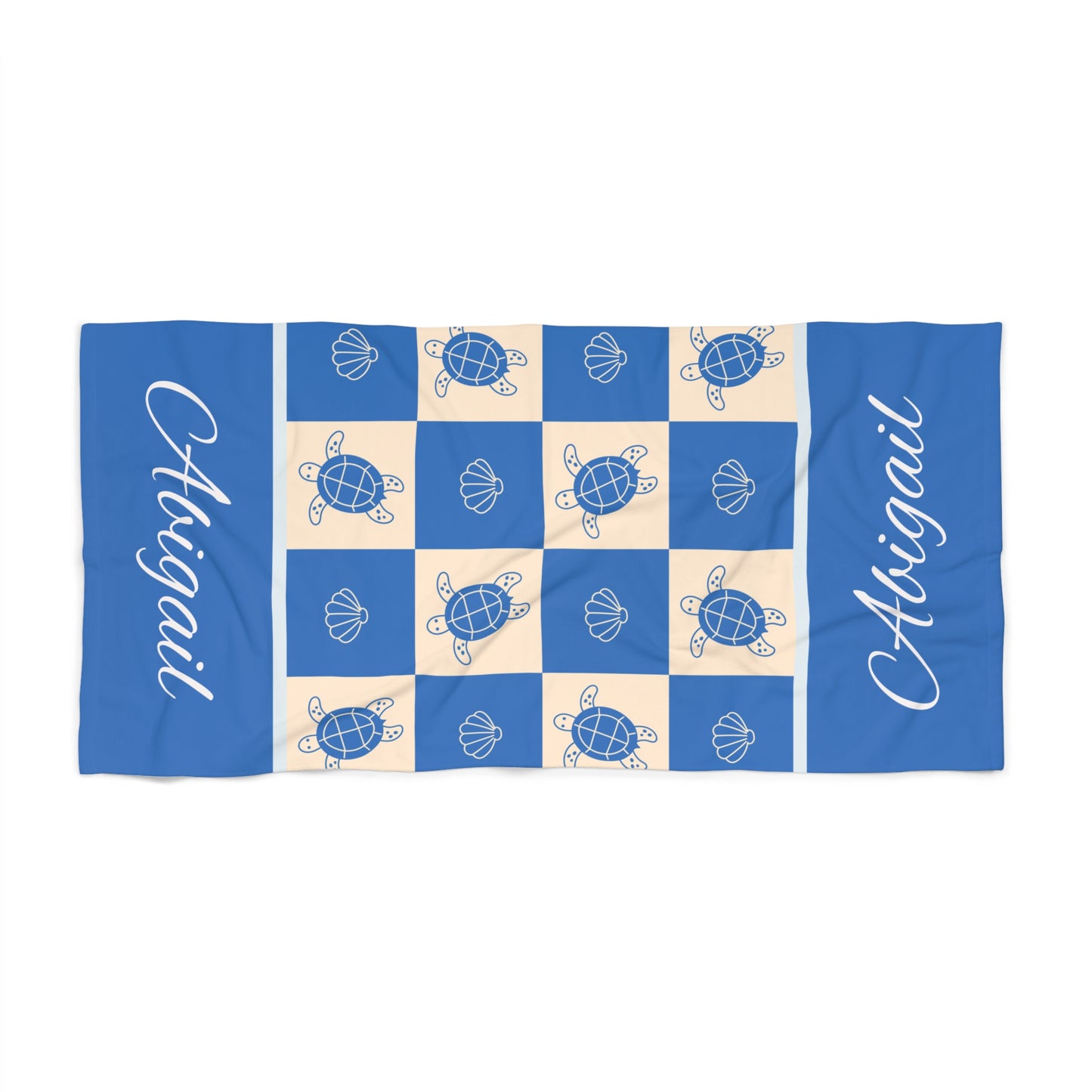 Personalized Abigail Beach Towel – Nautical Sea Turtle & Shell Checkerboard