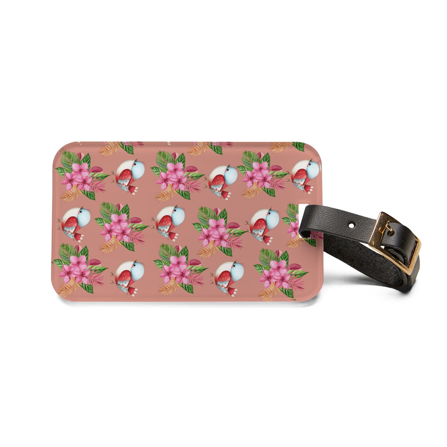 Floral Chickadee Luggage Tag — Cute Pink Bird & Blossom Travel ID