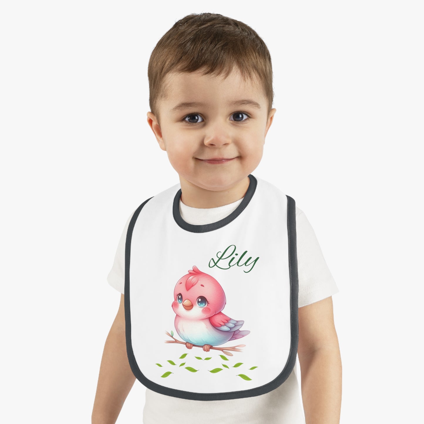Personalized Baby Bib — Cute Pink Bird with Name (Lily) | Contrast Trim Jersey Bib