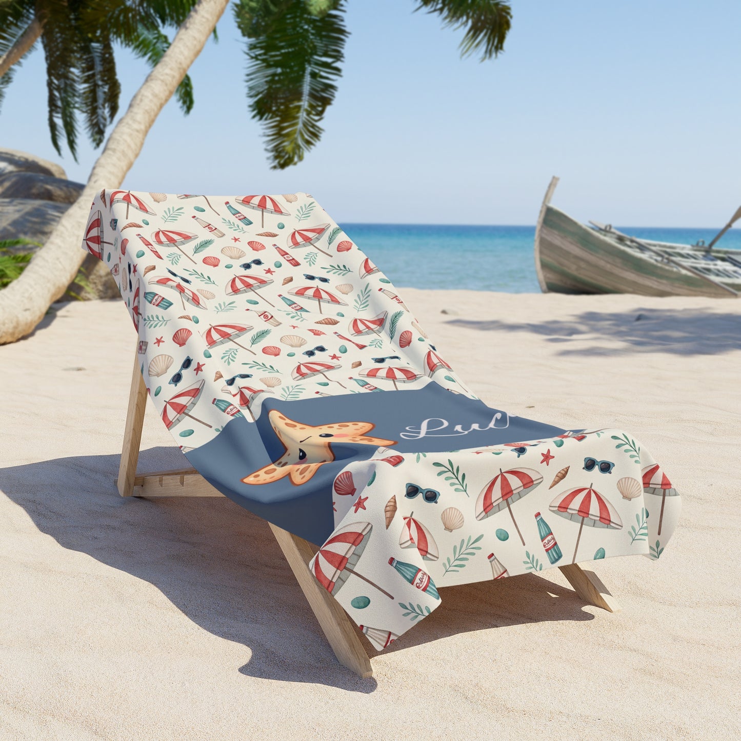 Personalized Nautical Starfish Beach Towel – Custom Name Summer Seashell Design