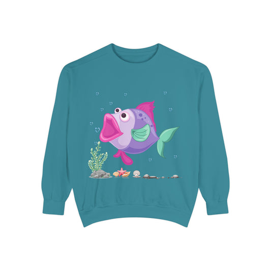 Fish with open mouth bubbles and underwater flora Unisex Garment-Dyed Sweatshirt