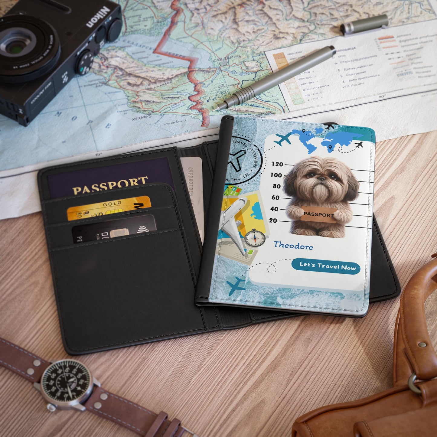 Personalized Dog Passport Cover – Cute Shih Tzu Travel Passport Holder (“Theodore” design)