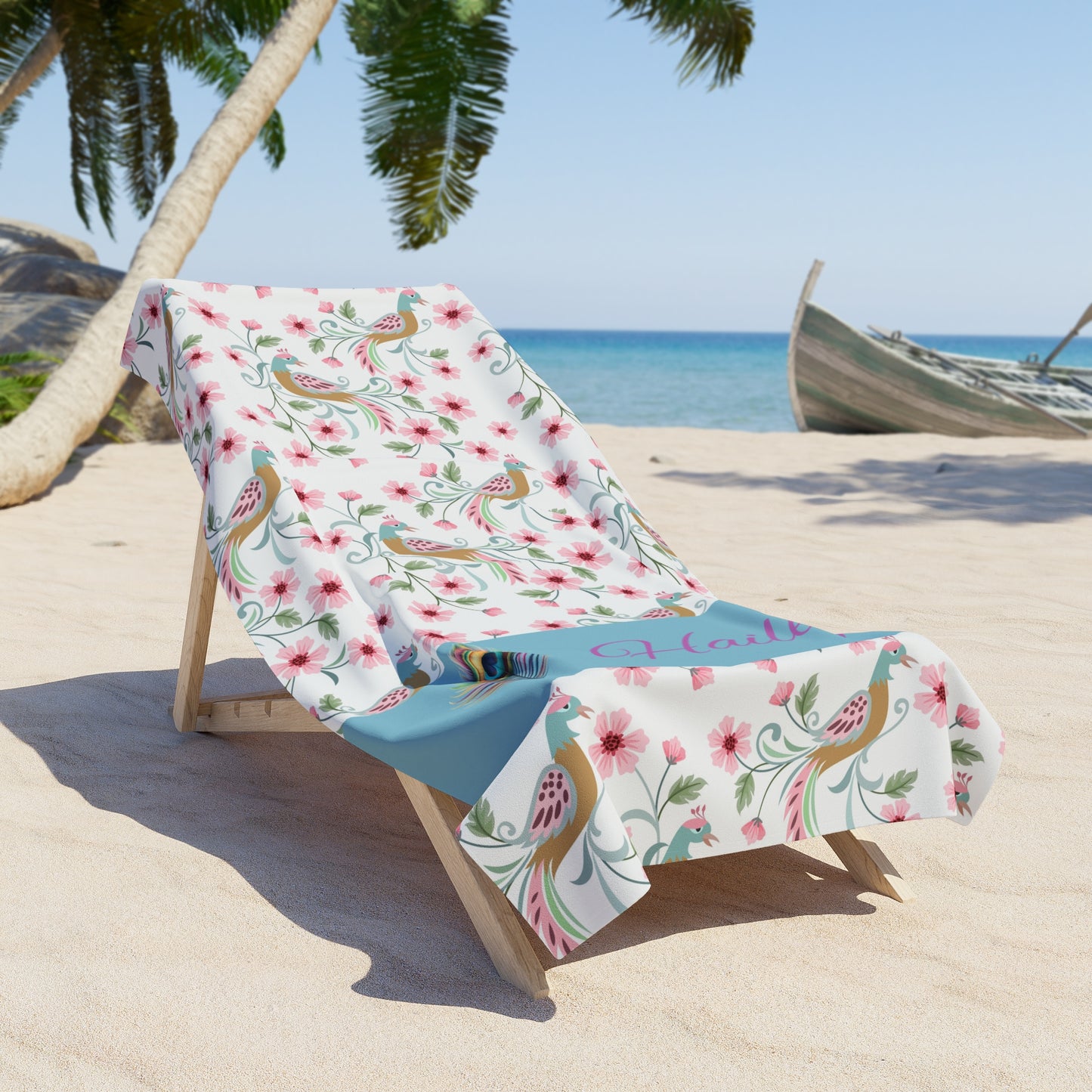 Personalized Floral Peacock Beach Towel — Custom Name Tropical Pool Towel
