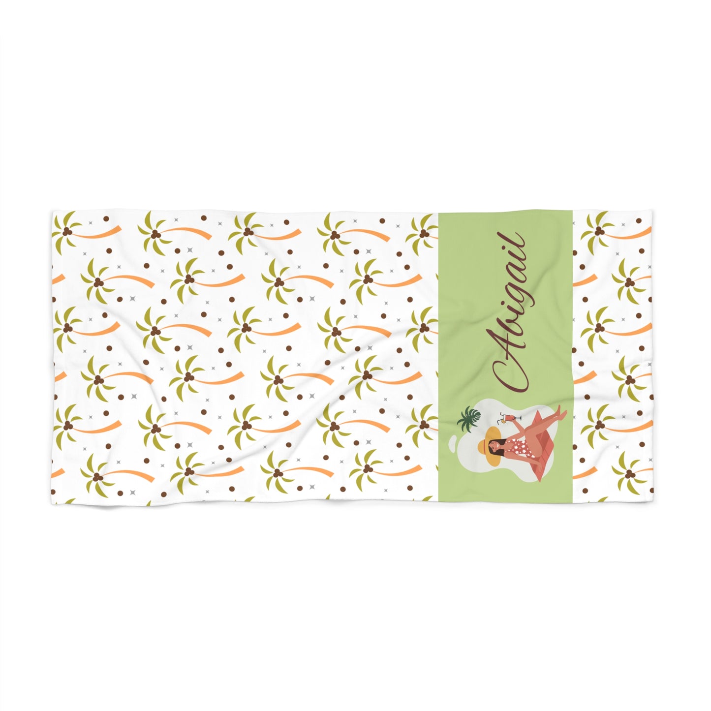 Beach Towel - Personalized Tropical Palm Pattern with Hula Girl (Custom Name)