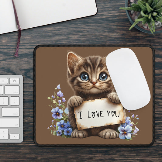 Gaming Mouse Pad — Cute Kitten Holding “I Love You” Card, Floral Cute Desk Mat for Cat Lovers