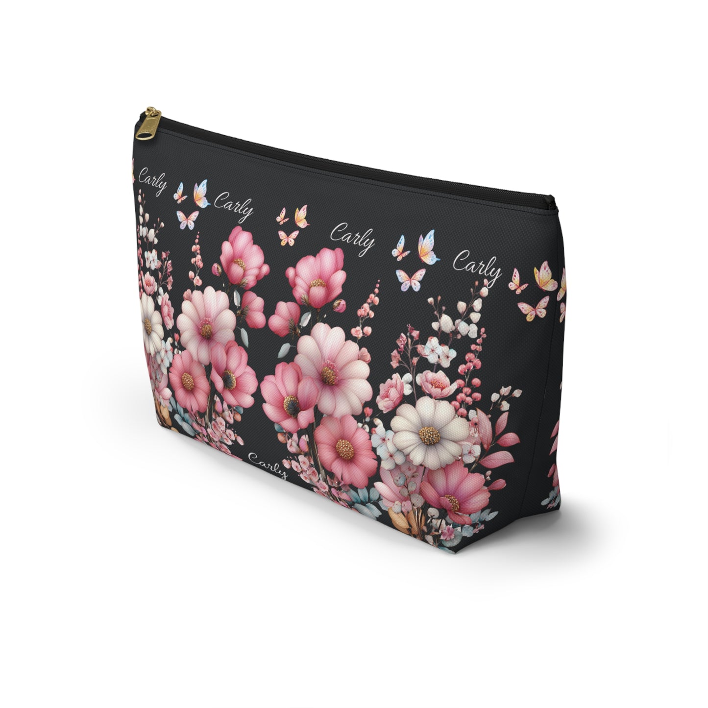 Floral Cosmetic Pouch with Pink Blooms — Personalized 'Carly' Accessory Bag