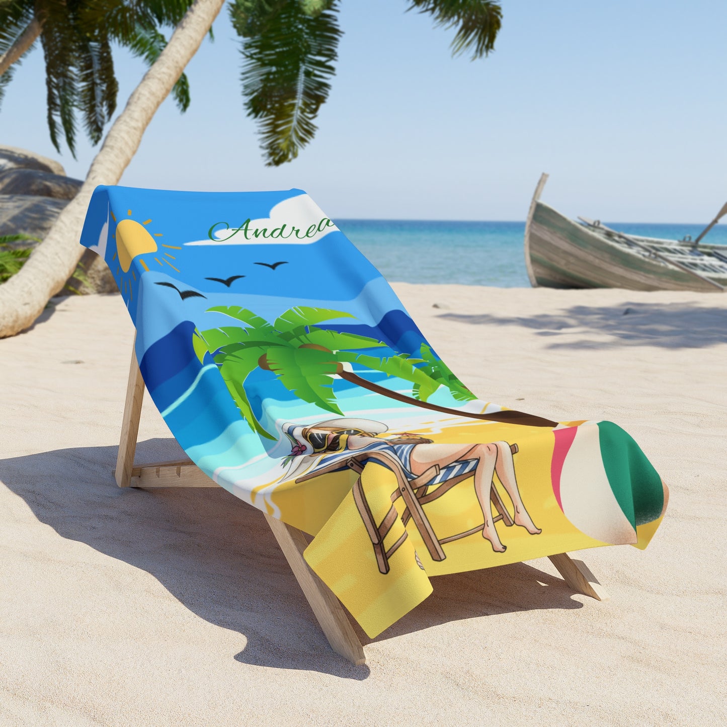 Personalized Tropical Beach Towel - 'Andrea' Sunny Palm Tree & Relaxing Lounger Design