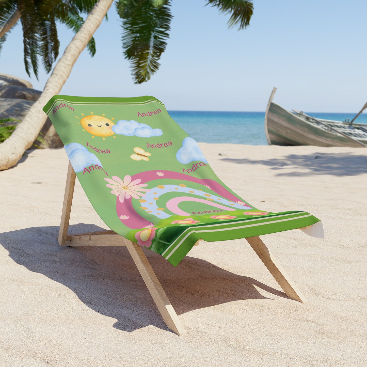 Personalized Kids Rainbow Beach Towel – Cute Sun, Flowers & Name