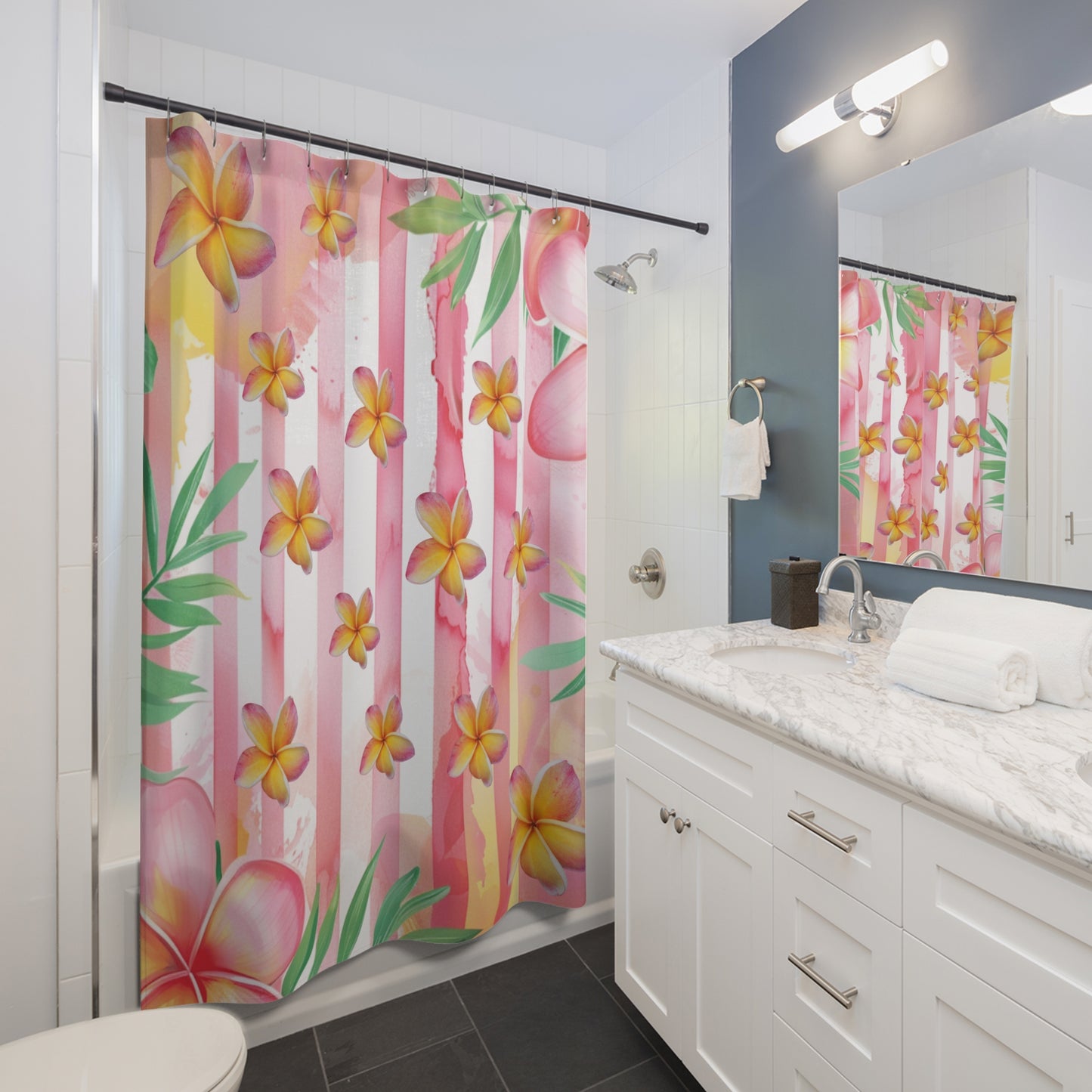 Tropical Plumeria Shower Curtain – Pink Stripes Floral Bath Decor