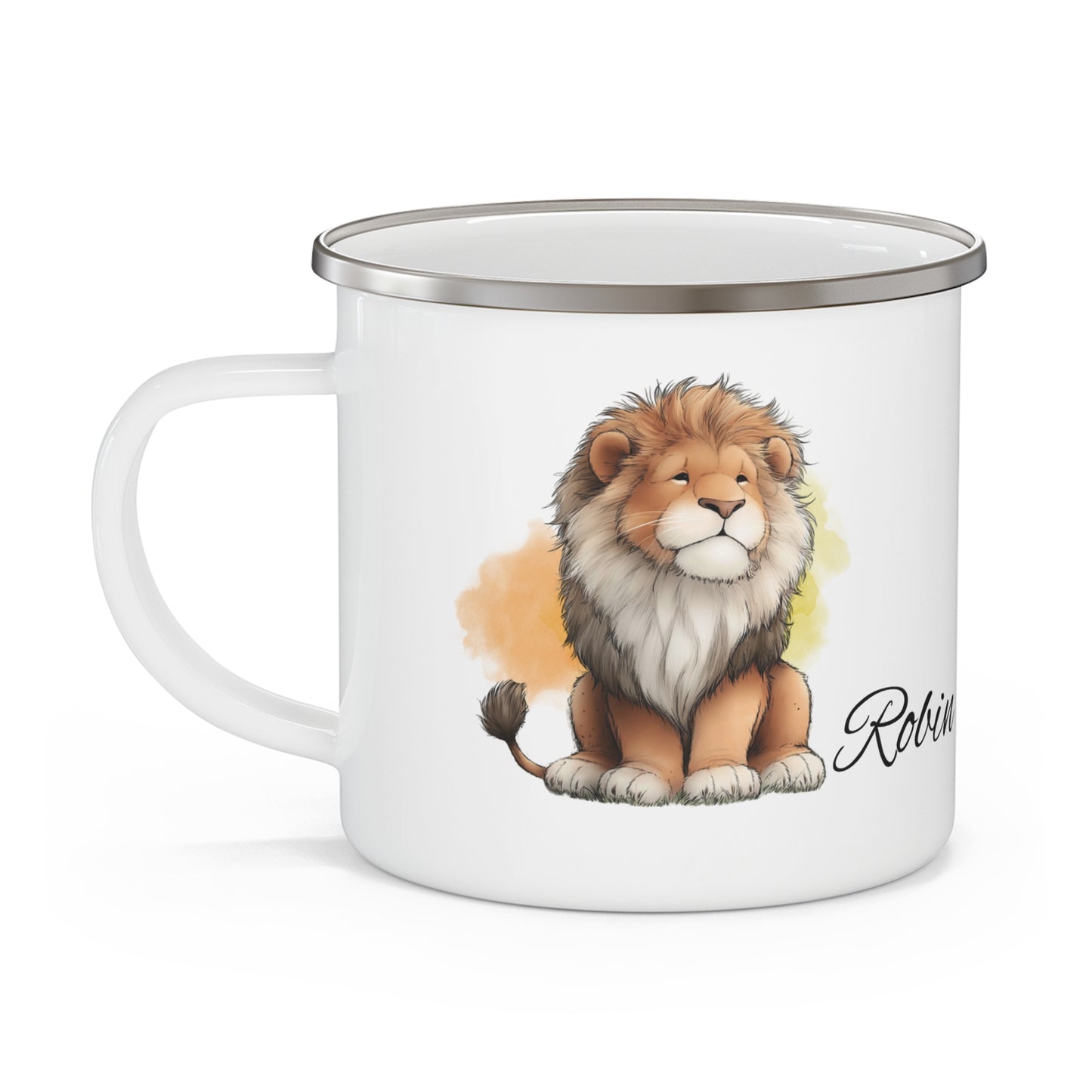 Lion Name Enamel Camping Mug — Personalized "Robin" Rustic Adventure Camper Cup