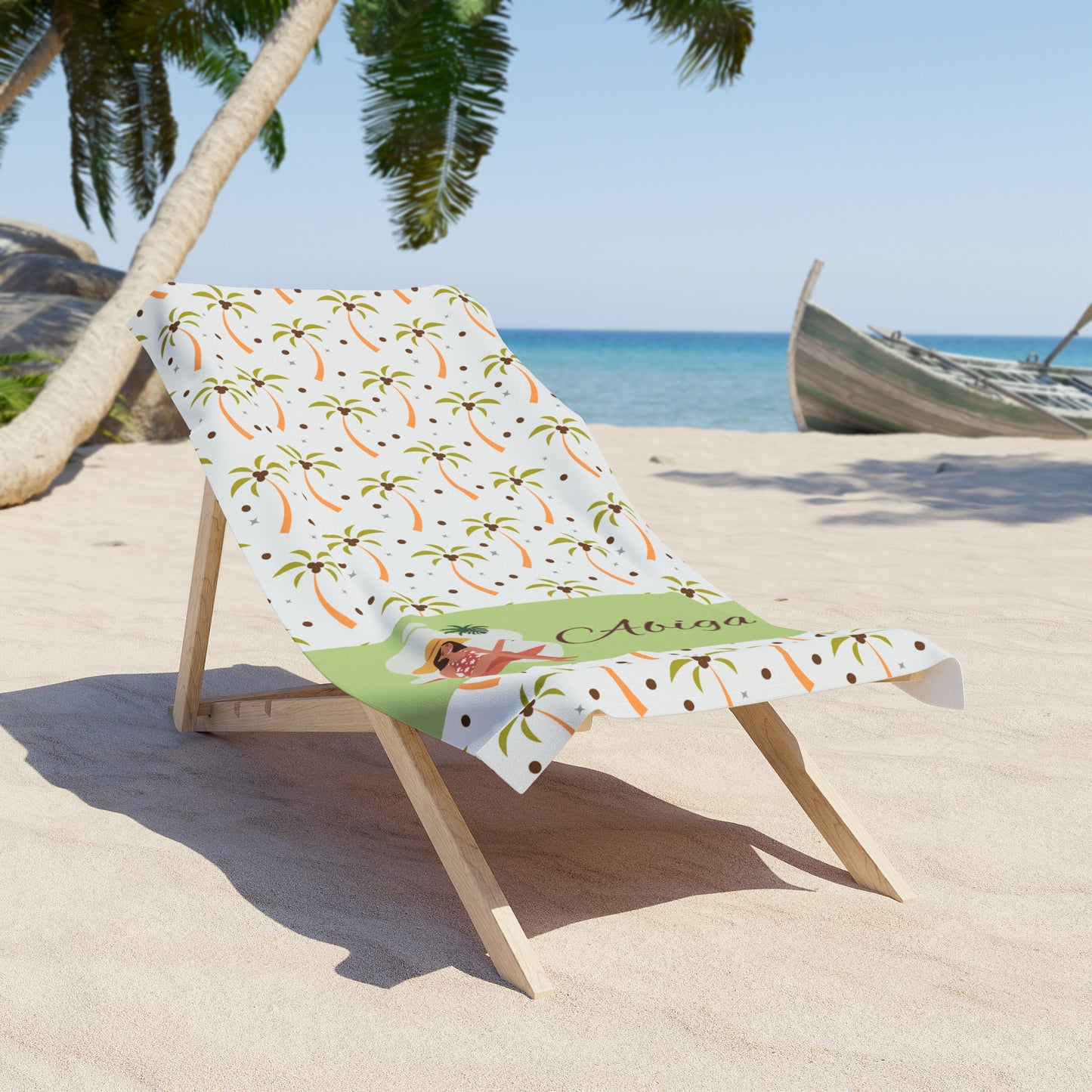 Beach Towel - Personalized Tropical Palm Pattern with Hula Girl (Custom Name)