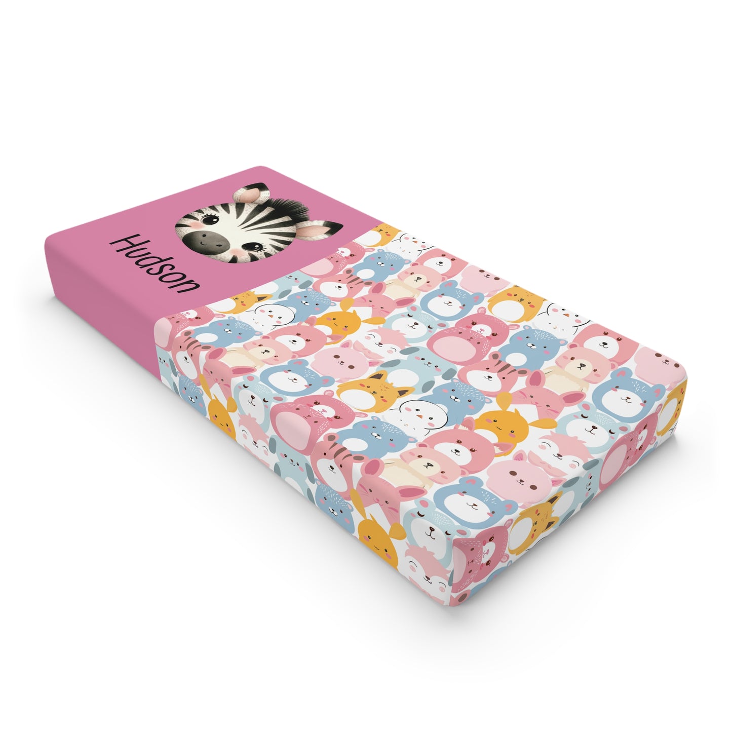 Personalized Zoo Friends Baby Changing Pad Cover — Pink Animal Pattern with Name (Hudson)