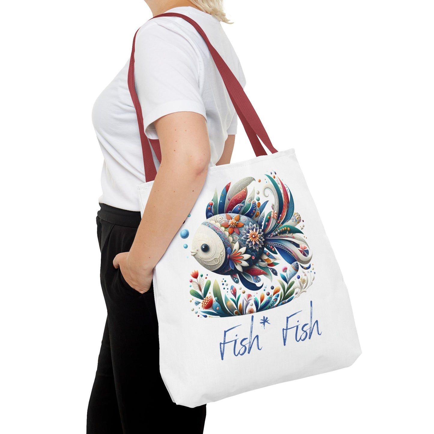 Floral Fish Tote Bag — Colorful Whimsical "Fish Fish" Canvas Tote