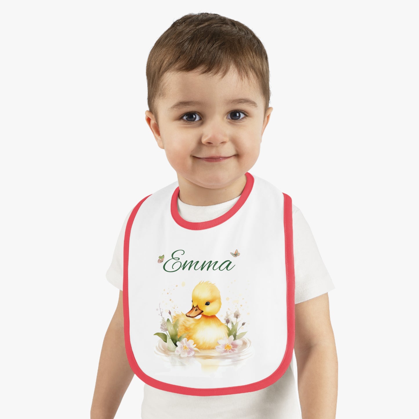 Personalized Duckling Baby Bib — Custom Name Infant Contrast Trim Feeding Bib