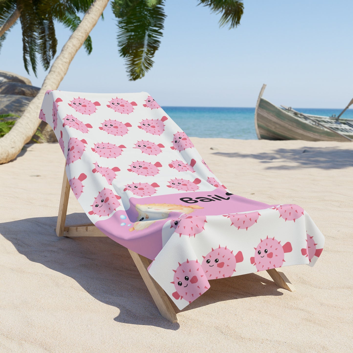 Personalized Pink Pufferfish Beach Towel — Custom Name Cute Ocean Kids Towel