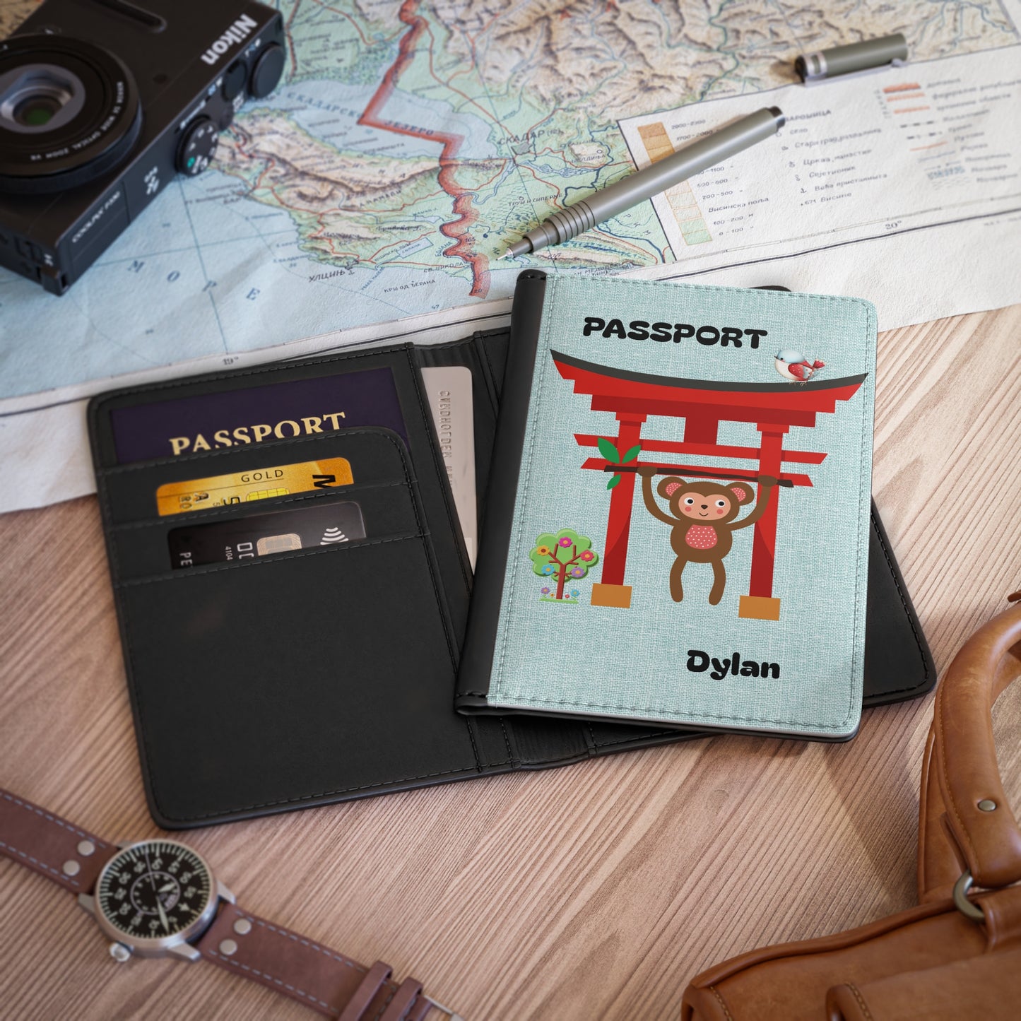 Monkey Torii Passport Cover — Personalized Kids Travel Wallet