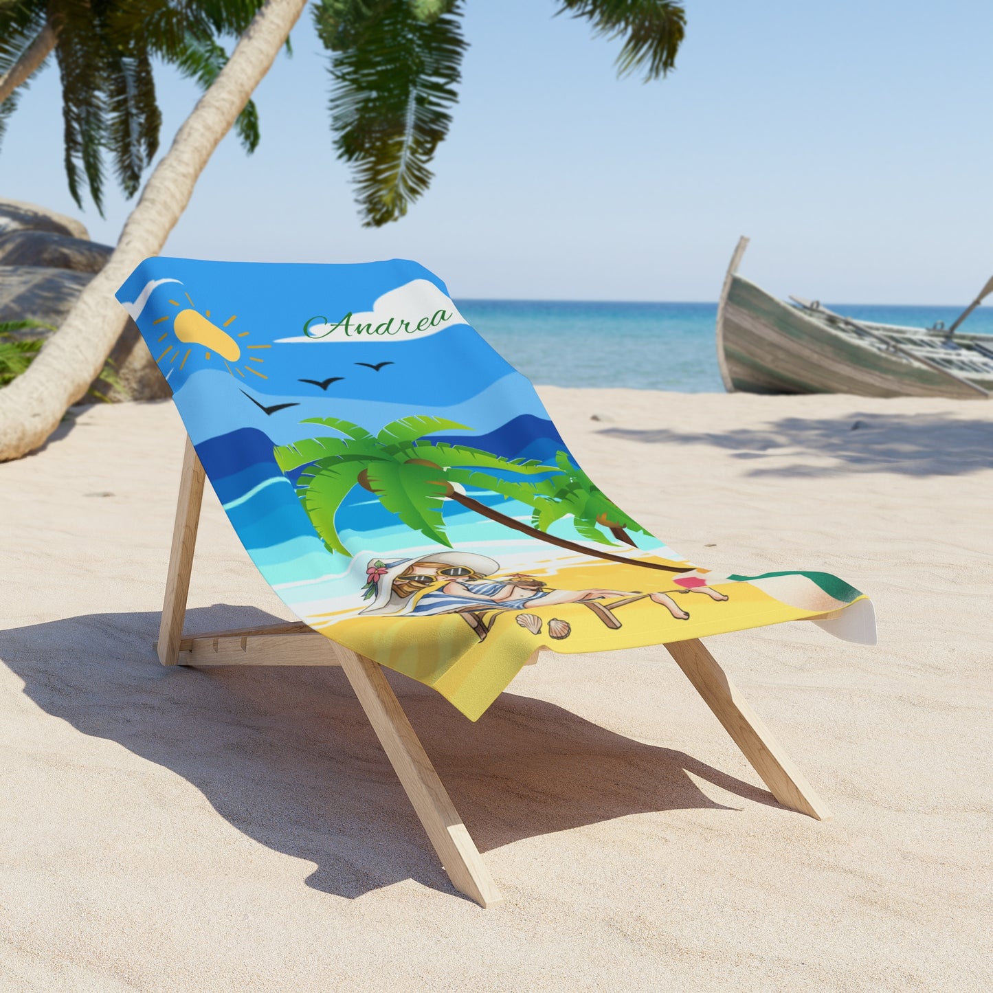 Personalized Tropical Beach Towel - 'Andrea' Sunny Palm Tree & Relaxing Lounger Design