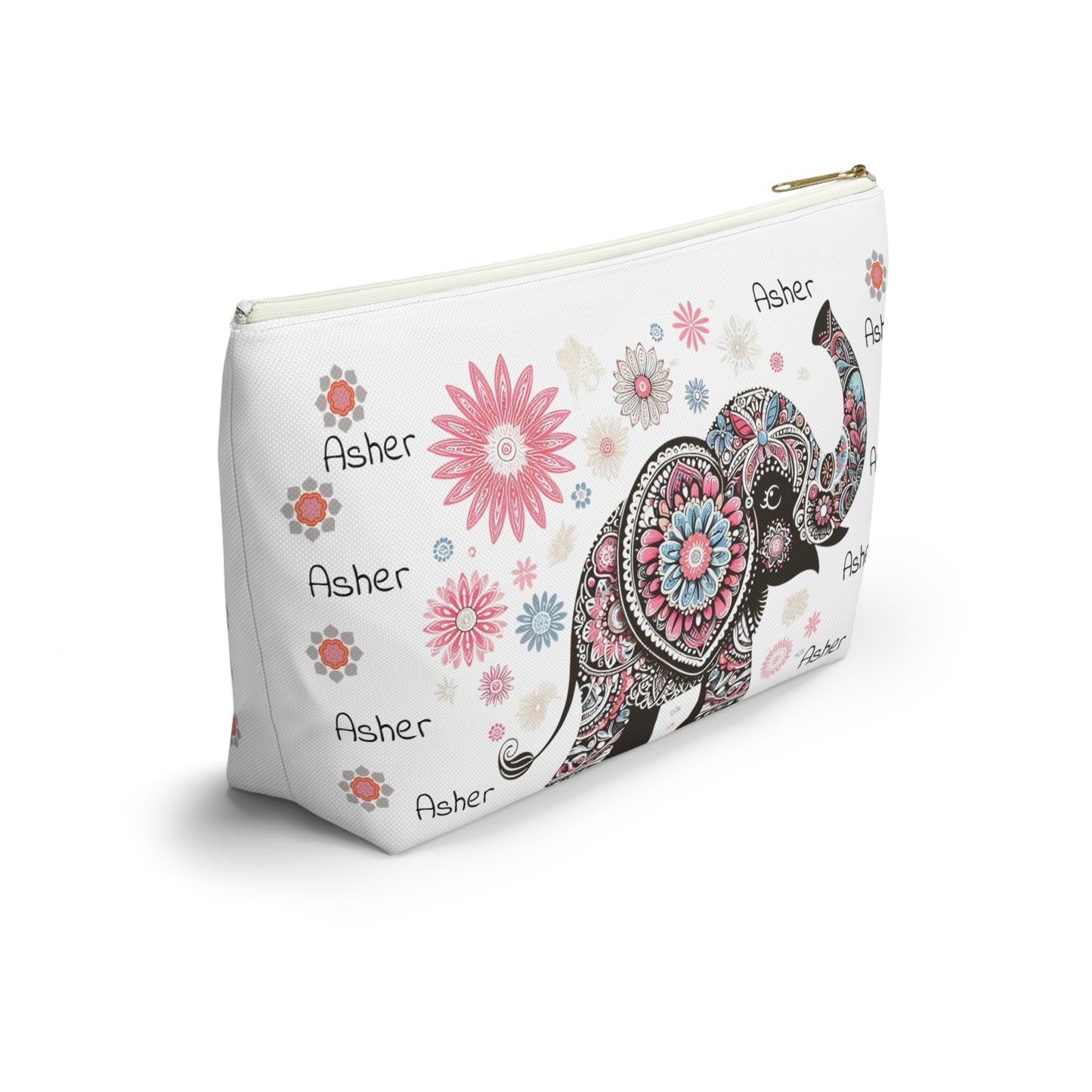 Personalized Elephant Accessory Pouch — Floral T-Bottom Makeup Bag