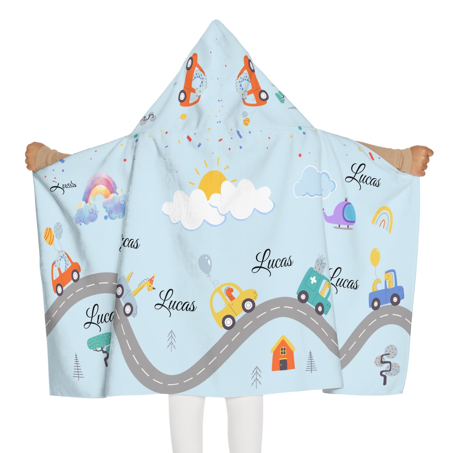 Personalized Kids Hooded Towel - Road Trip Cars Design (Custom Name)