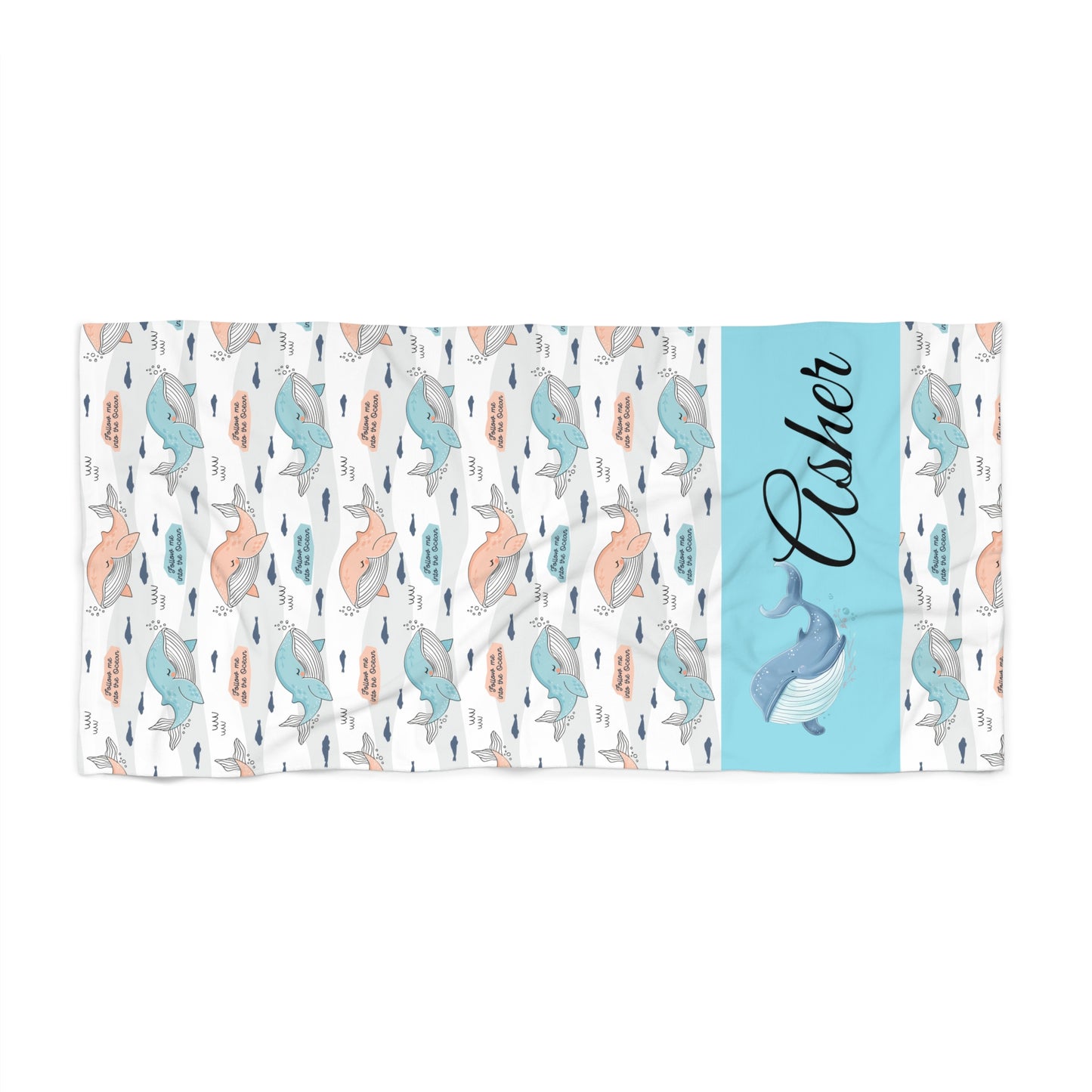Personalized Whale Beach Towel – Custom Name Coastal Ocean Pattern