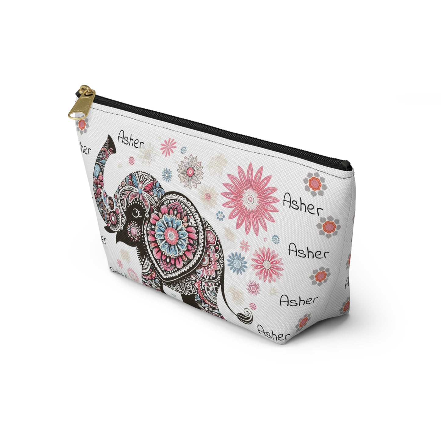 Personalized Elephant Accessory Pouch — Floral T-Bottom Makeup Bag