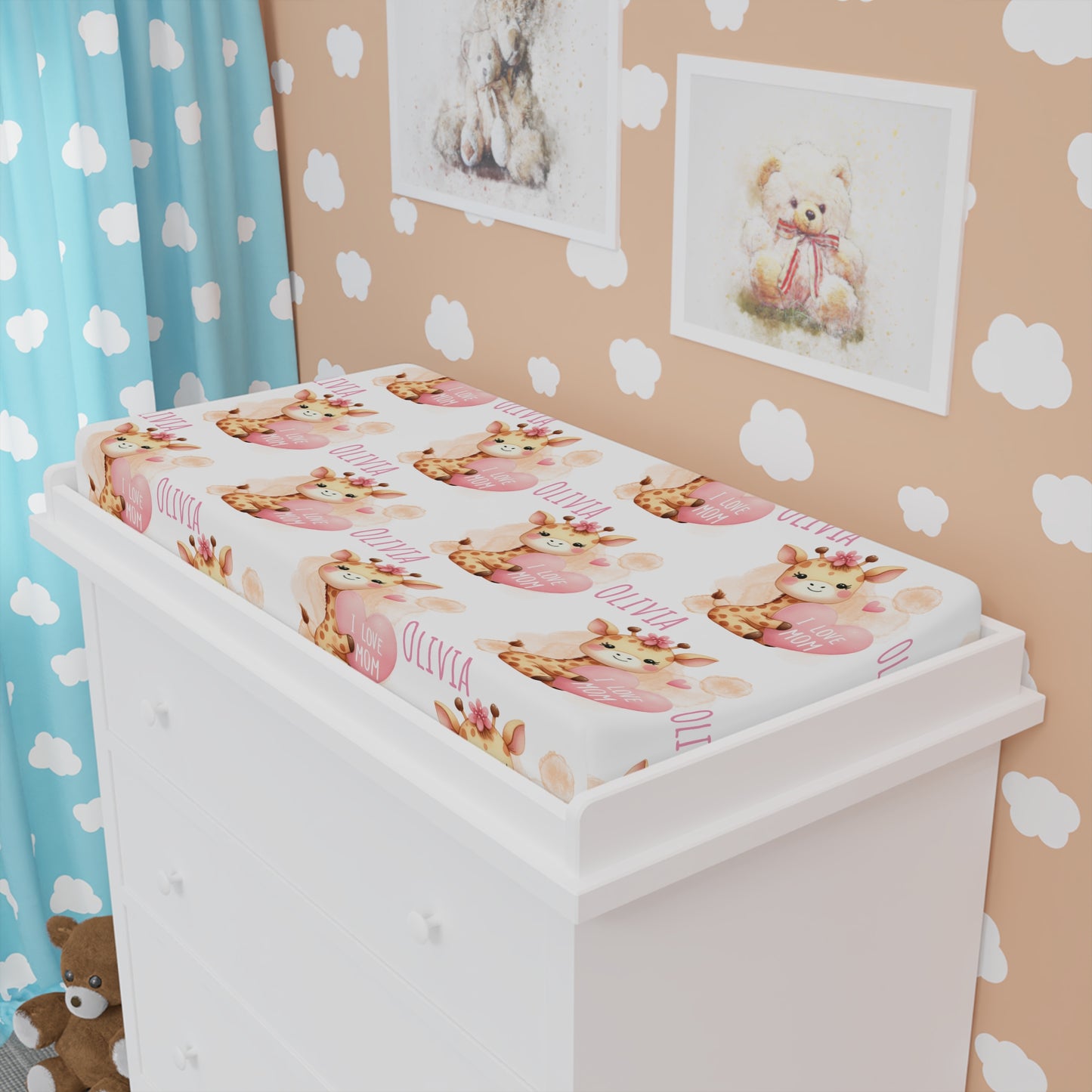 Giraffe Baby Changing Pad Cover – Personalized Pink Floral Nursery