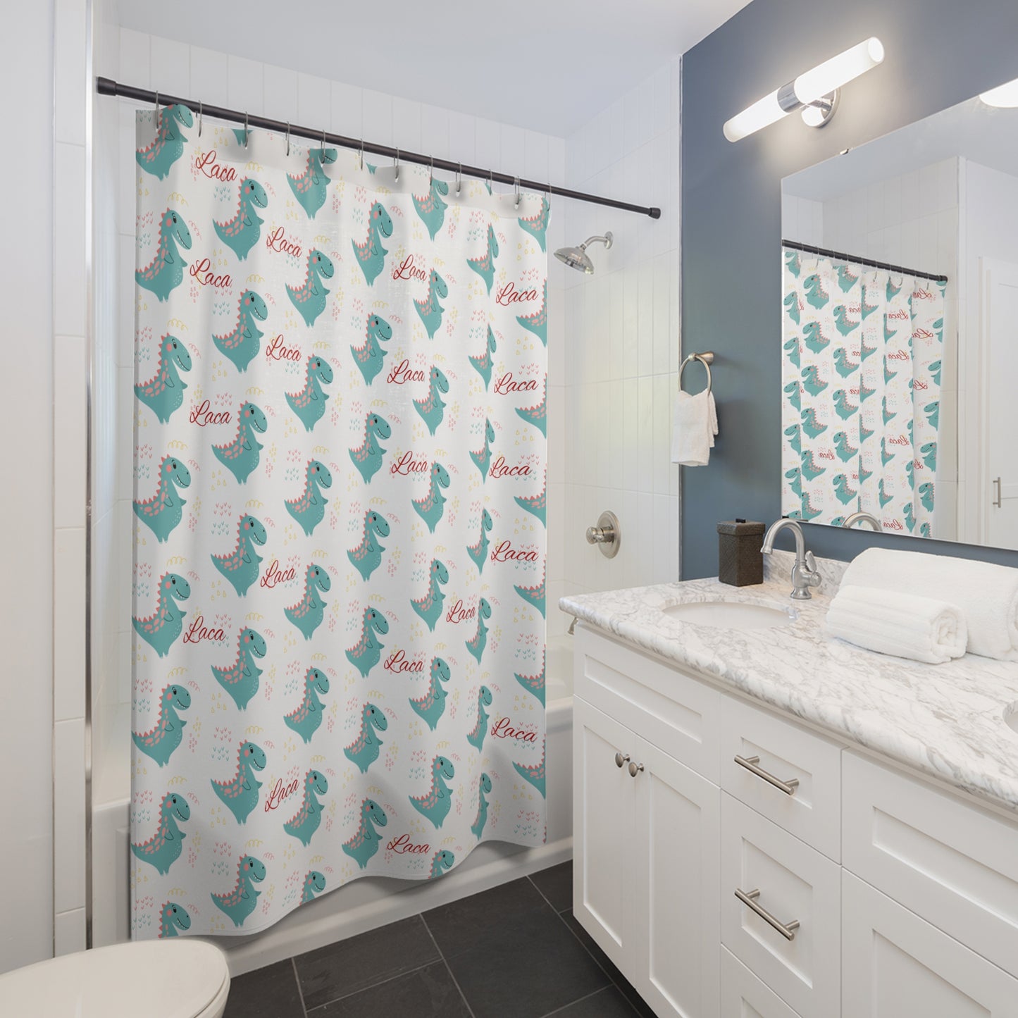 Dino Love Shower Curtain — Cute Teal Dinosaur Pattern with "Laca" Script