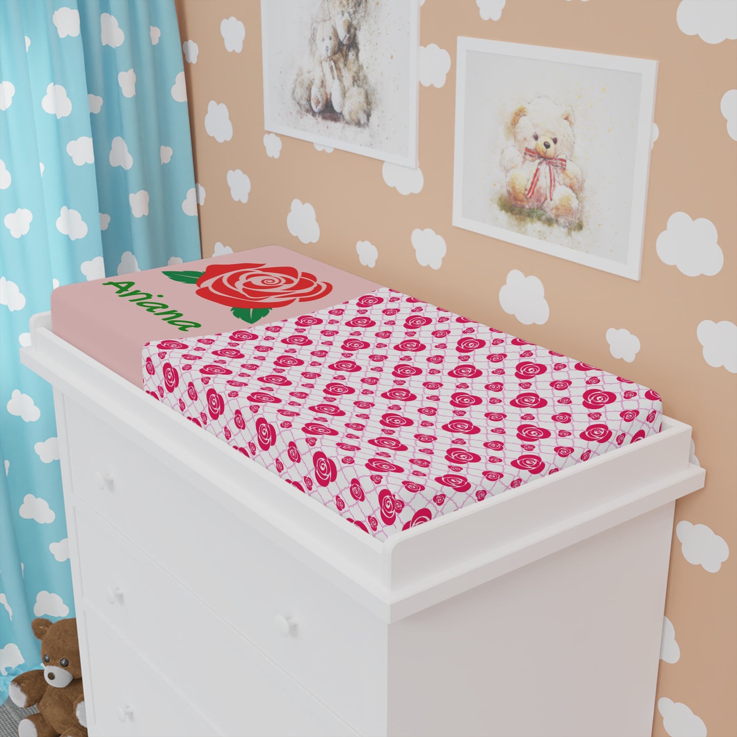 Personalized Rose Baby Changing Pad Cover — Pink Floral Nursery Accessory