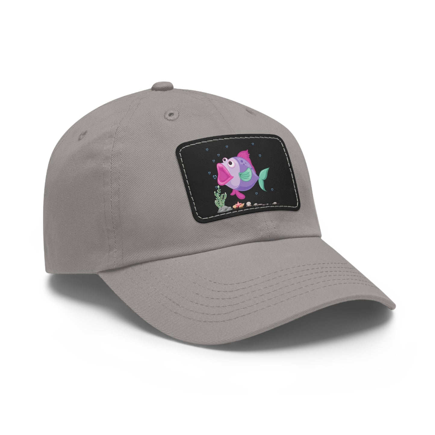 Fish with open mouth bubbles and underwater flora Dad Hat with Leather Patch (Rectangle)