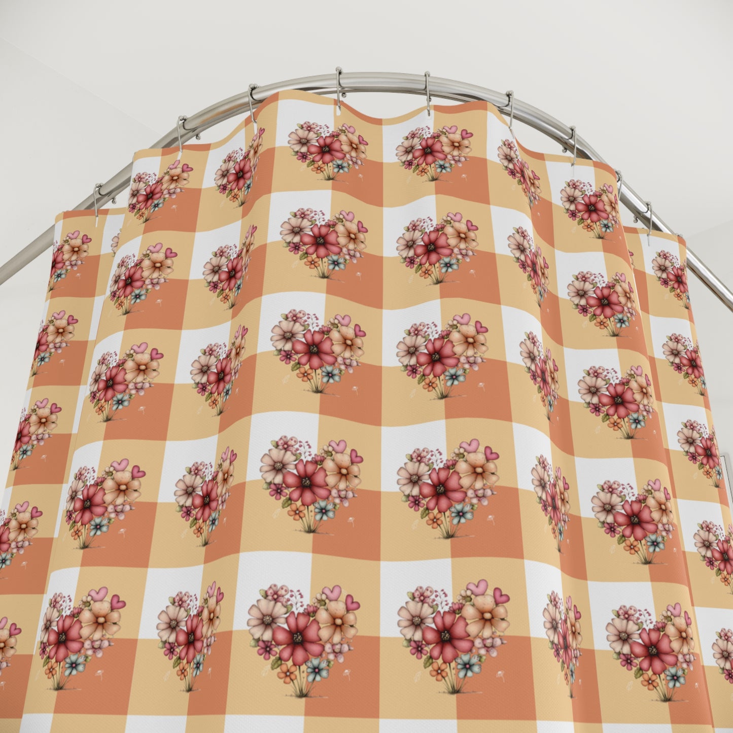 Floral Heart Gingham Shower Curtain — Cozy Farmhouse Bathroom Decor