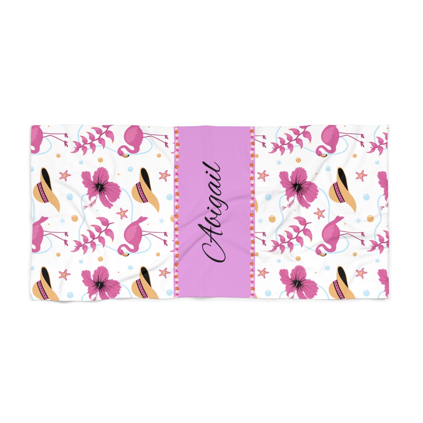 Personalized Pink Flamingo Beach Towel — Custom Name Tropical Hibiscus Design