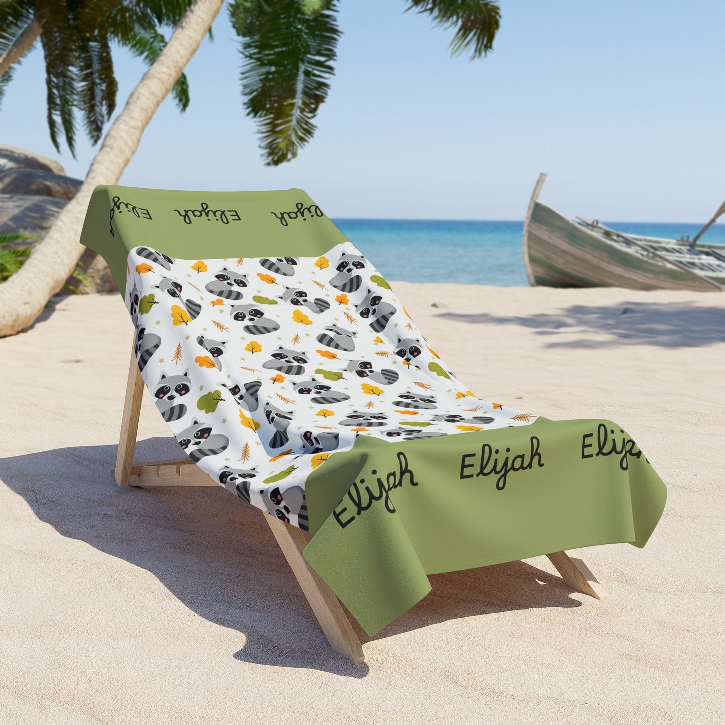 Personalized Racoon Pattern Beach Towel – Custom Name Tropical Leaf Design