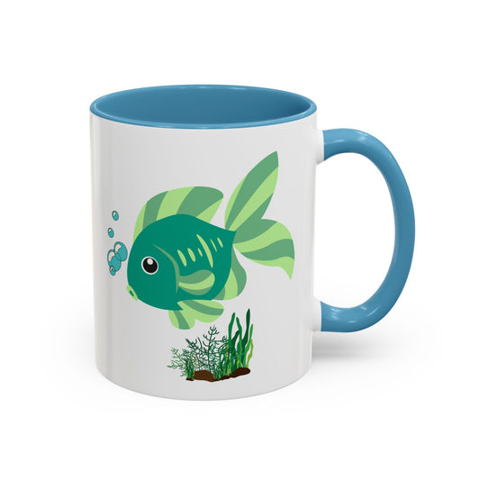 Green fish with bubbles and aquatic plants Coffee Mug
