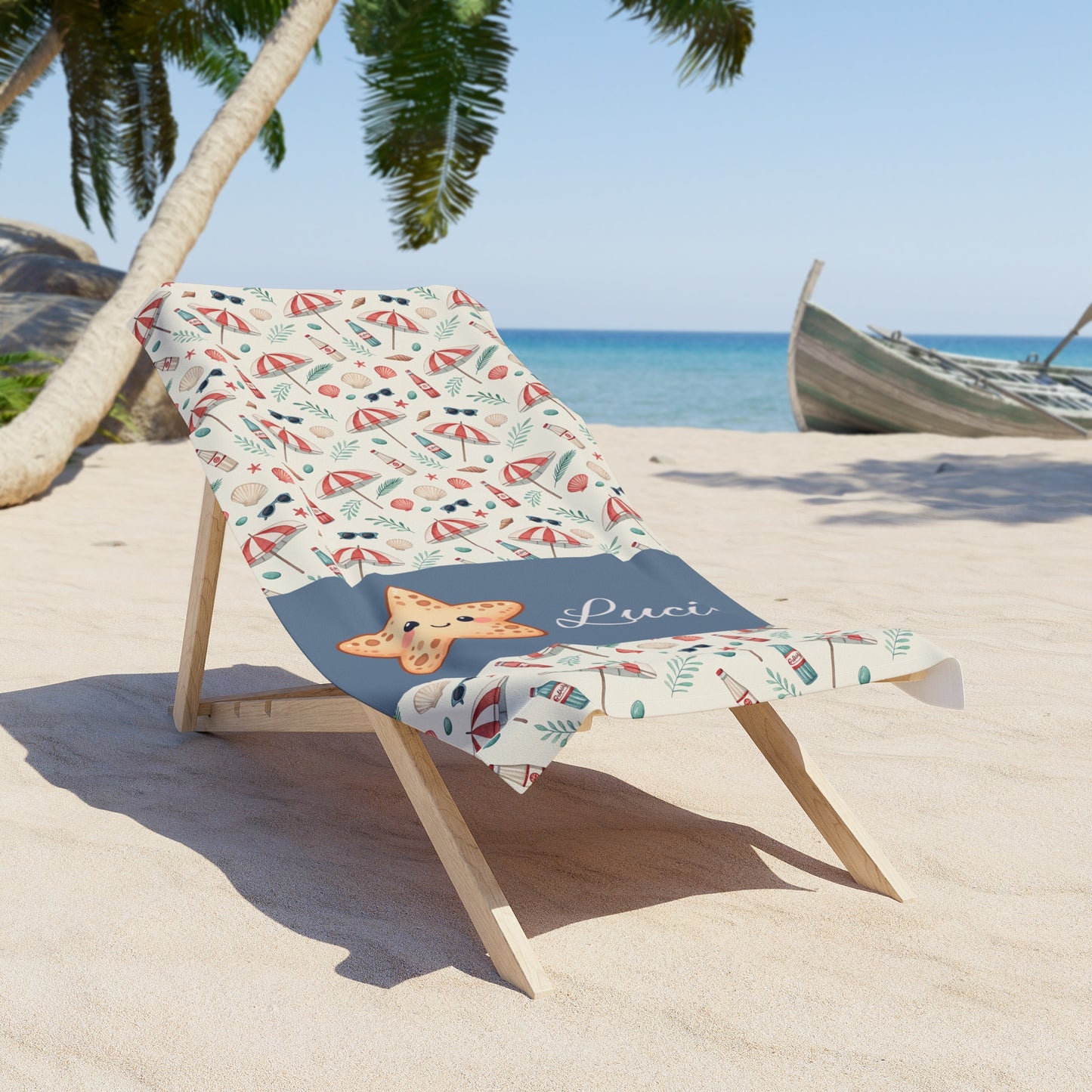 Personalized Nautical Starfish Beach Towel – Custom Name Summer Seashell Design