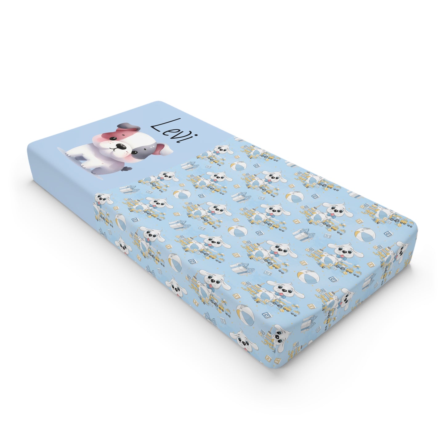 Personalized Blue Puppy Baby Changing Pad Cover — Custom Name Nursery Accessory