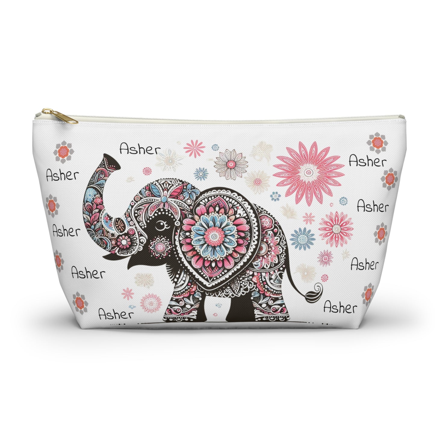 Personalized Elephant Accessory Pouch — Floral T-Bottom Makeup Bag