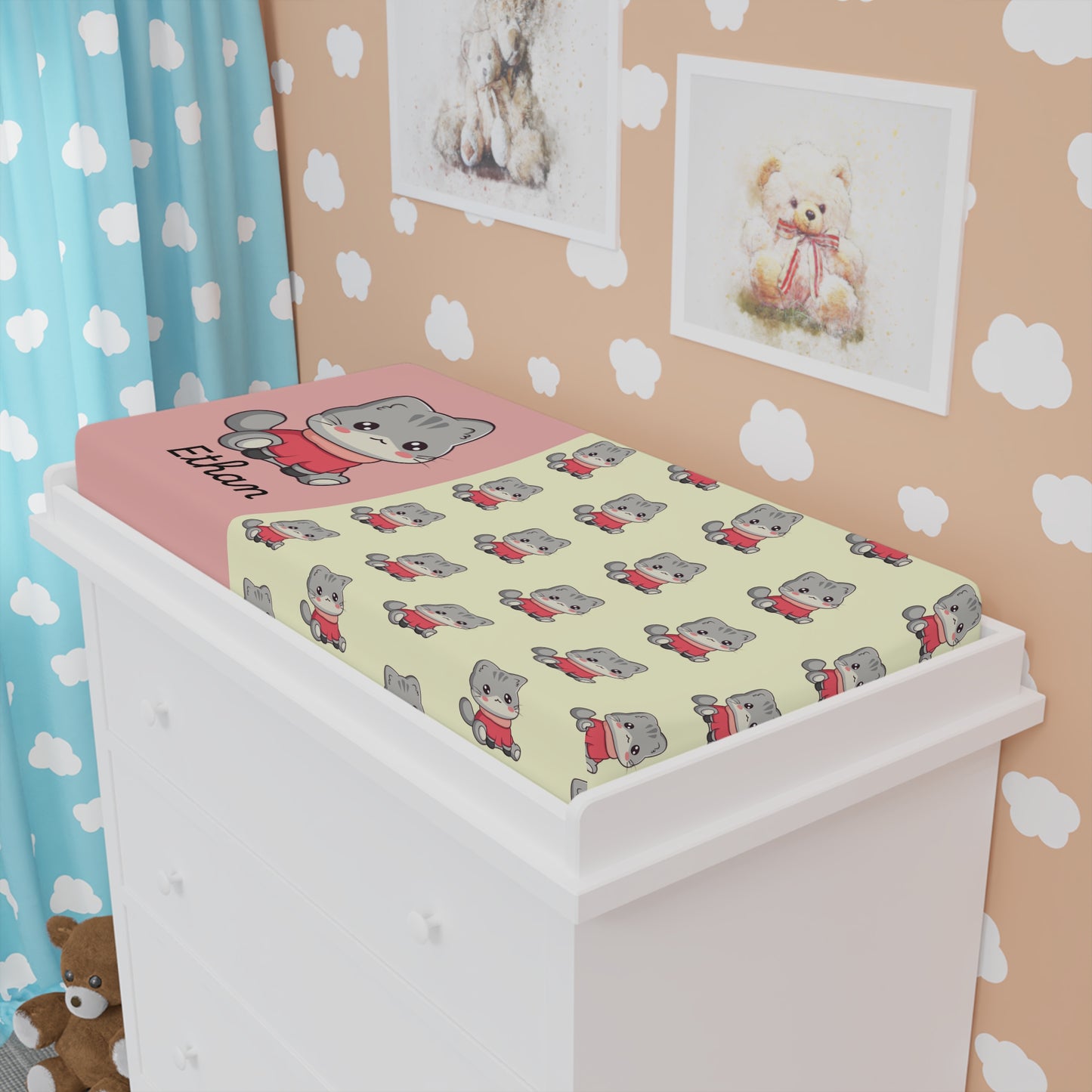 Personalized Baby Changing Pad Cover – Cute Gray Kitten Pattern, Custom Name Nursery Accessory
