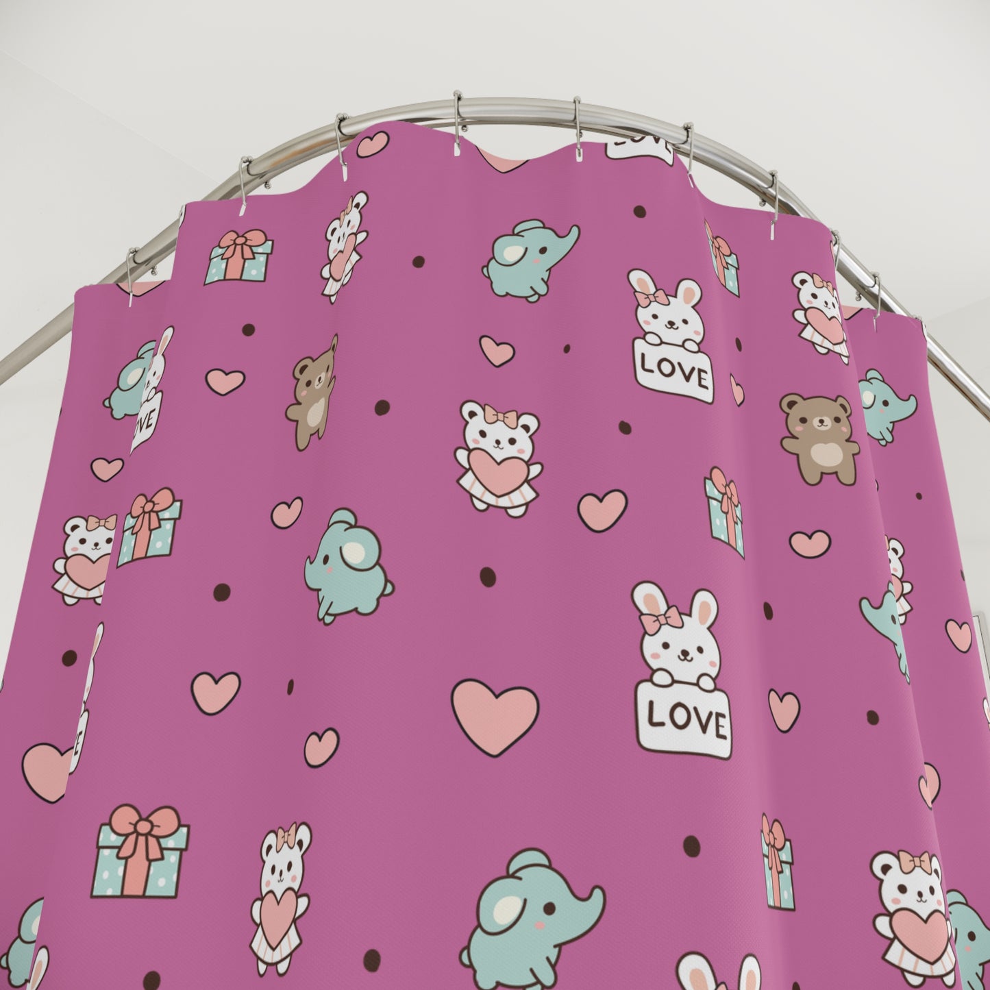 Cute Animal Pattern Shower Curtain — Pink Hearts, Gifts & 'Love' Bunny Design